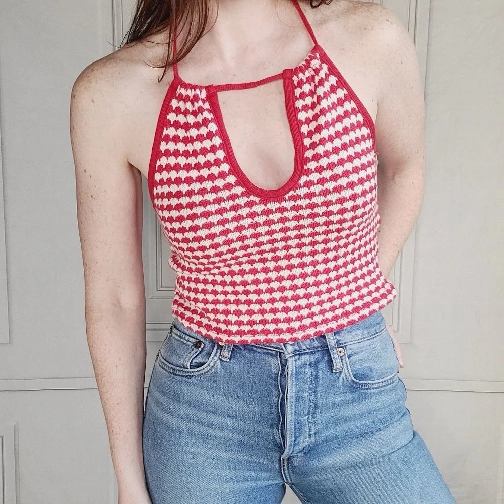 ZARA crochet halter tie crop top! Sleeveless red and white - Picture 6 of 11